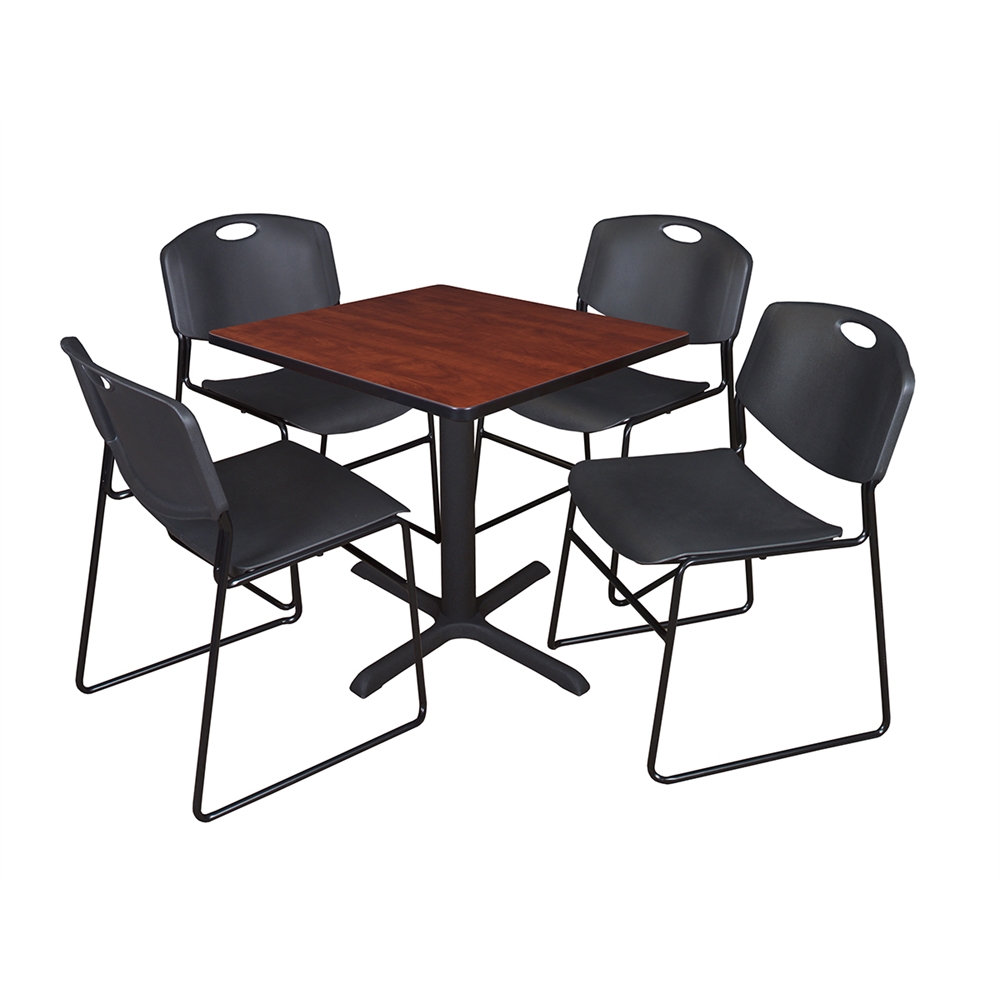 Cain 30" Square Breakroom Table- Cherry & 4 Zeng Stack Chairs- Black. Picture 1