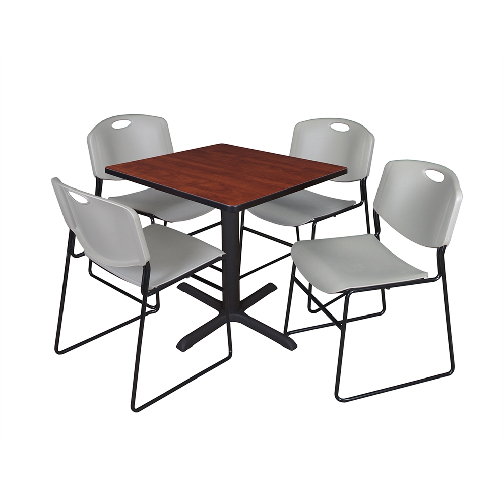 Cain 30" Square Breakroom Table- Cherry & 4 Zeng Stack Chairs- Grey. Picture 1