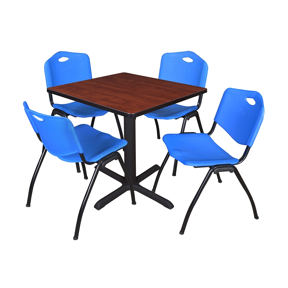 Cain 30" Square Breakroom Table- Cherry & 4 'M' Stack Chairs- Blue. Picture 1