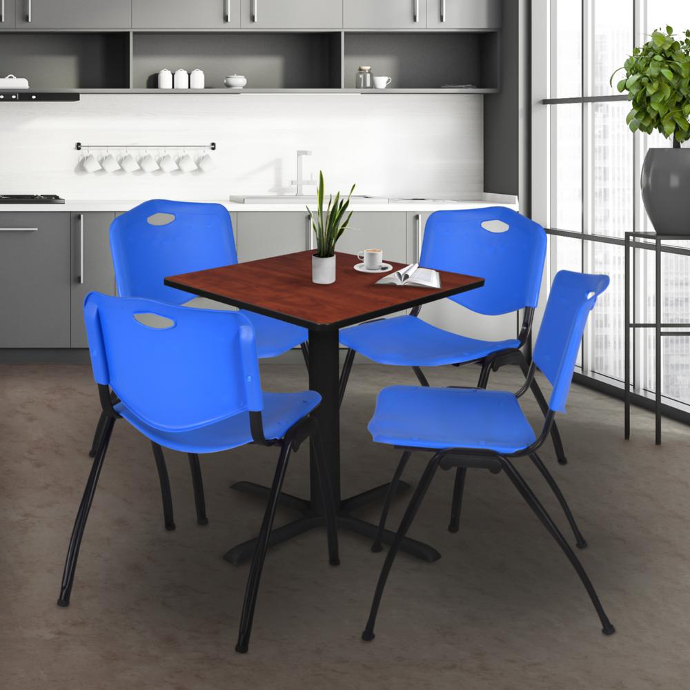 Cain 30" Square Breakroom Table- Cherry & 4 'M' Stack Chairs- Blue. Picture 2