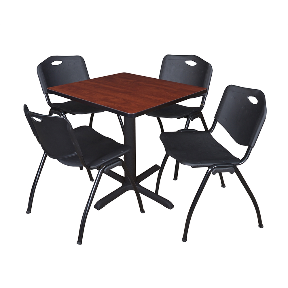 Cain 30" Square Breakroom Table- Cherry & 4 'M' Stack Chairs- Black. Picture 1