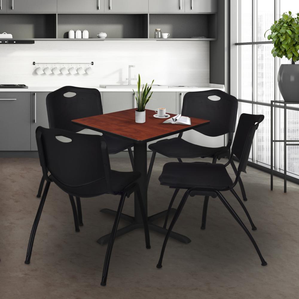Cain 30" Square Breakroom Table- Cherry & 4 'M' Stack Chairs- Black. Picture 2