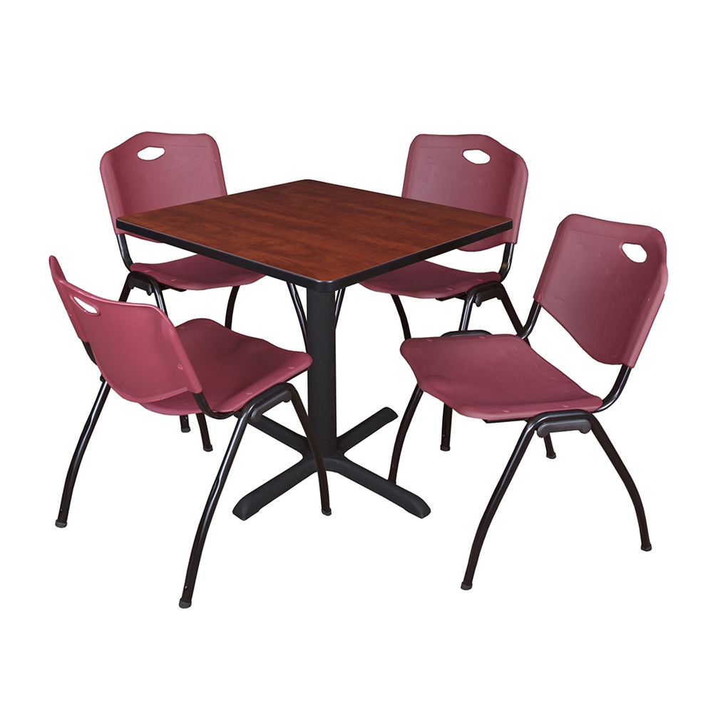 Cain 30" Square Breakroom Table- Cherry & 4 'M' Stack Chairs- Burgundy. Picture 1