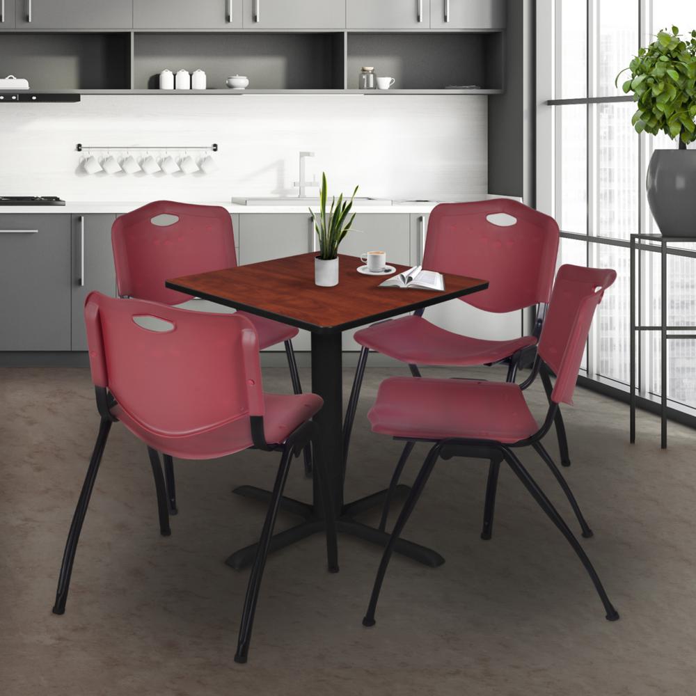 Cain 30" Square Breakroom Table- Cherry & 4 'M' Stack Chairs- Burgundy. Picture 2