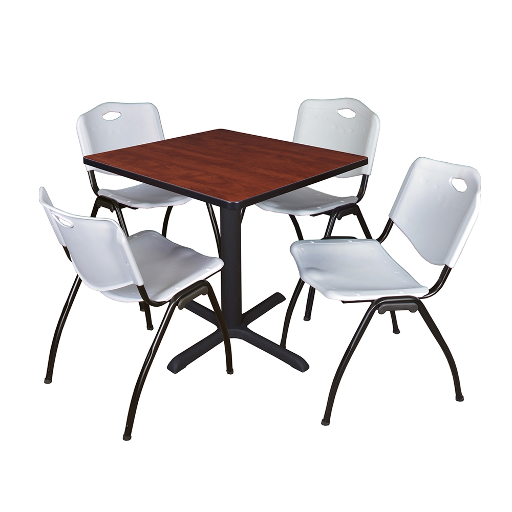 Cain 30" Square Breakroom Table- Cherry & 4 'M' Stack Chairs- Grey. Picture 1