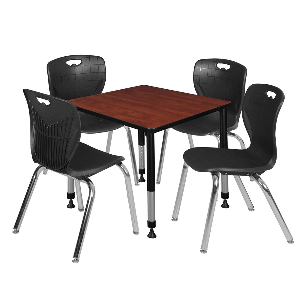 Kee 30" Square Height Adjustable  Classroom Table - Cherry & 4 Andy 18-in Stack Chairs- Black. Picture 1