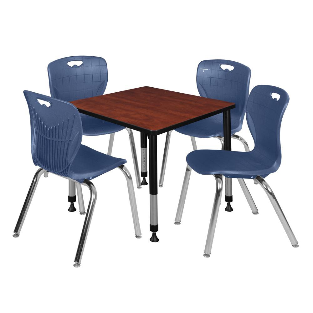 Kee 30" Square Height Adjustable  Classroom Table - Cherry & 4 Andy 18-in Stack Chairs- Navy Blue. Picture 1