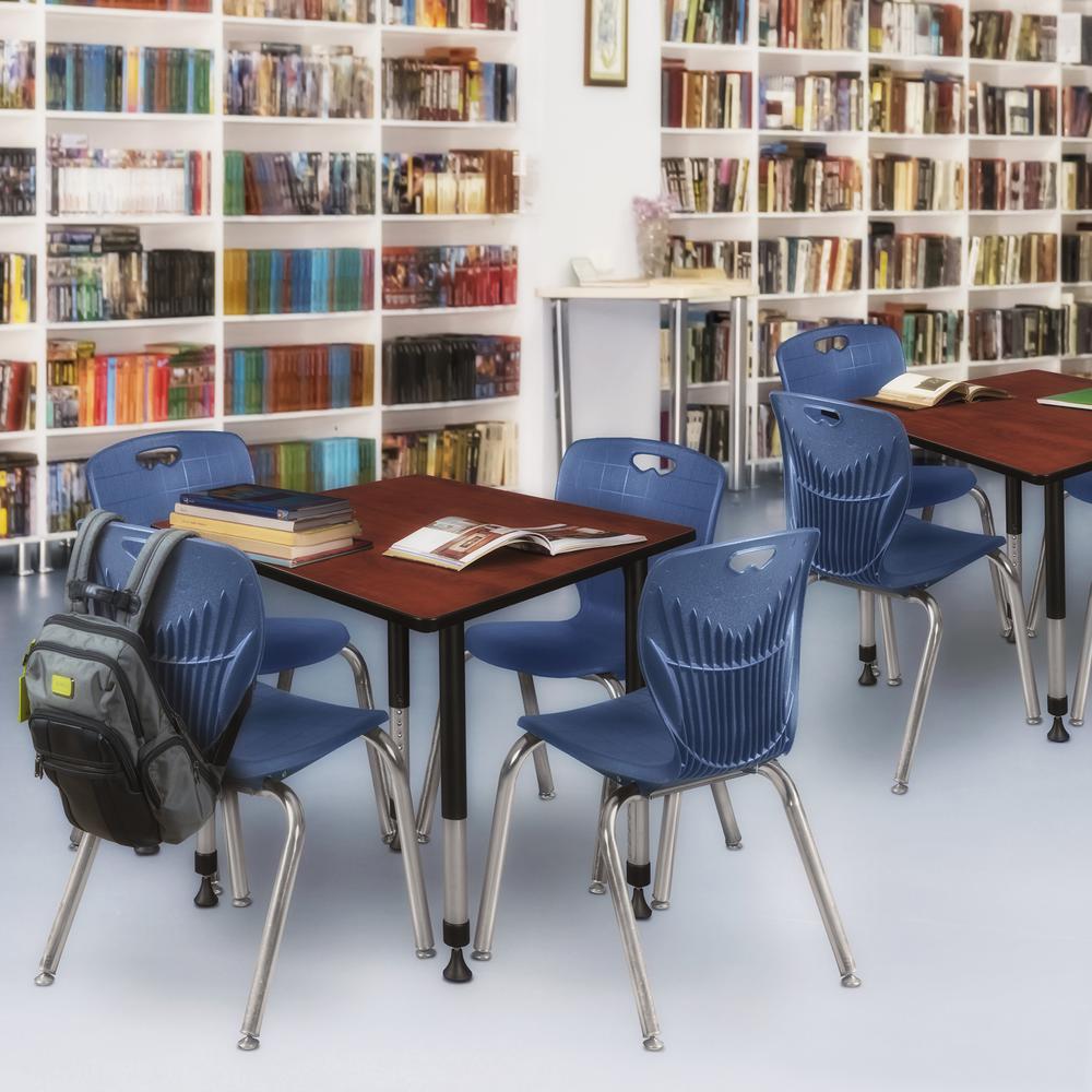Kee 30" Square Height Adjustable  Classroom Table - Cherry & 4 Andy 18-in Stack Chairs- Navy Blue. Picture 7