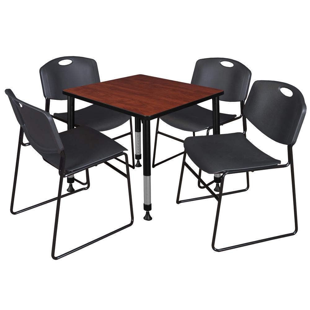 Kee 30" Square Height Adjustable  Classroom Table - Cherry & 4 Zeng Stack Chairs- Black. Picture 1
