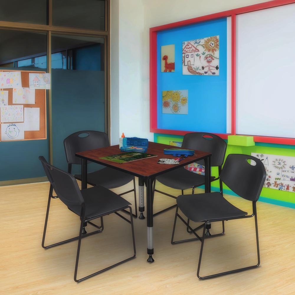 Kee 30" Square Height Adjustable  Classroom Table - Cherry & 4 Zeng Stack Chairs- Black. Picture 7