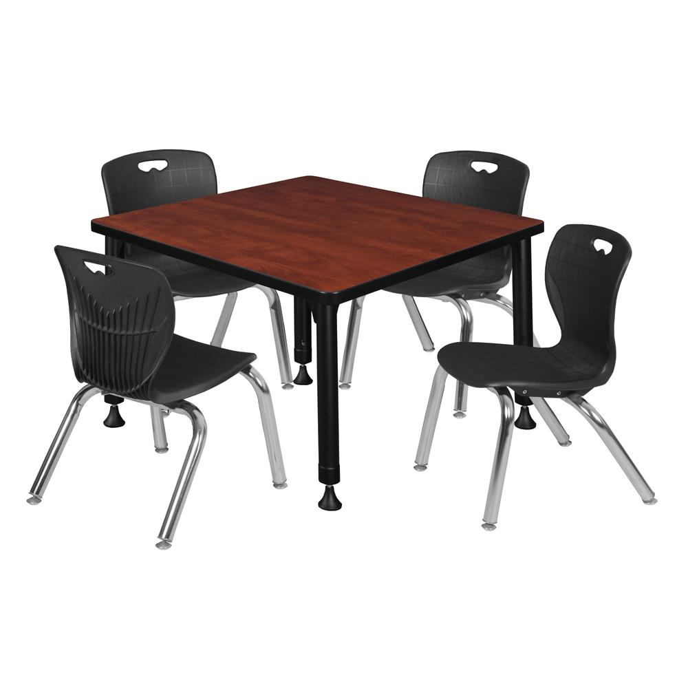 Kee 30" Square Height Adjustable  Classroom Table - Cherry & 4 Andy 12-in Stack Chairs- Black. Picture 1