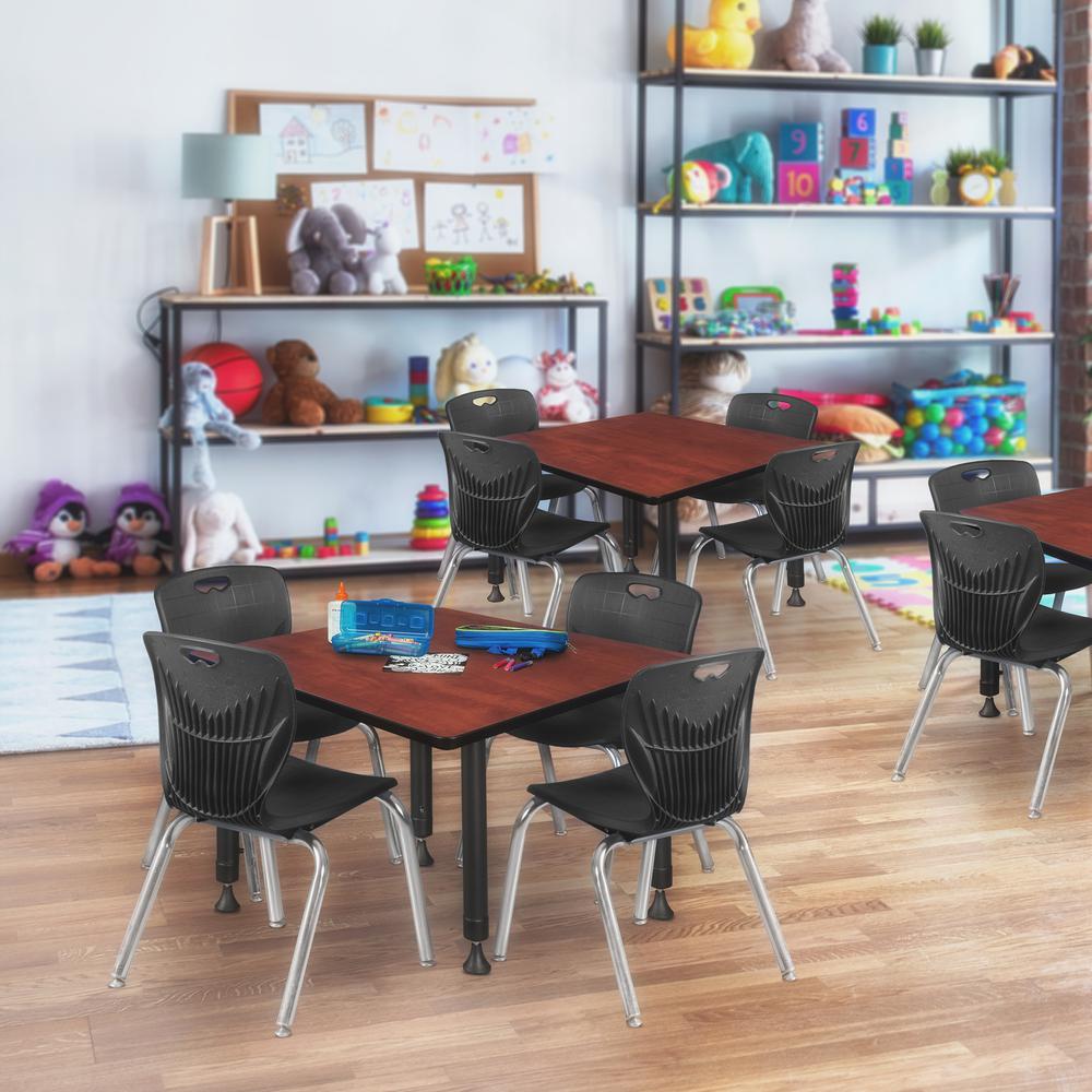 Kee 30" Square Height Adjustable  Classroom Table - Cherry & 4 Andy 12-in Stack Chairs- Black. Picture 7