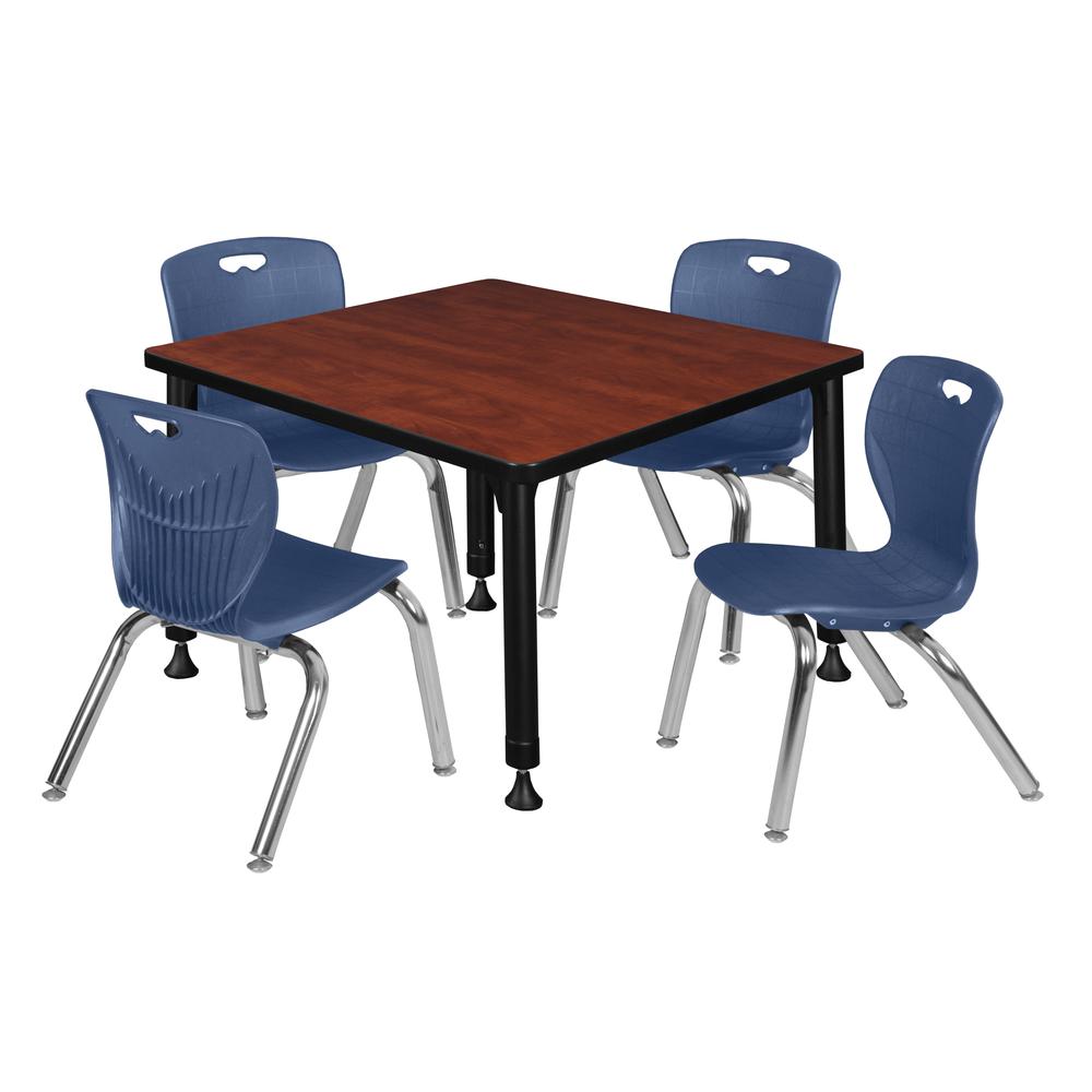 Kee 30" Square Height Adjustable  Classroom Table - Cherry & 4 Andy 12-in Stack Chairs- Navy Blue. Picture 1