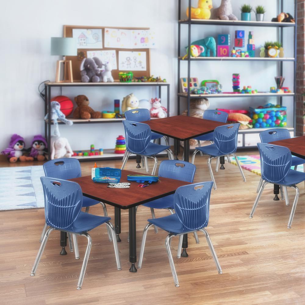 Kee 30" Square Height Adjustable  Classroom Table - Cherry & 4 Andy 12-in Stack Chairs- Navy Blue. Picture 7