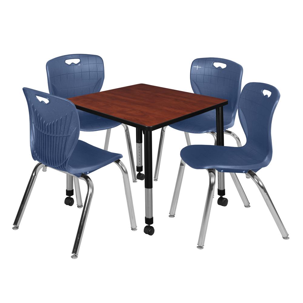 Kee 30" Square Height Adjustable  Mobile Classroom Table - Cherry & 4 Andy 18-in Stack Chairs- Navy Blue. Picture 1