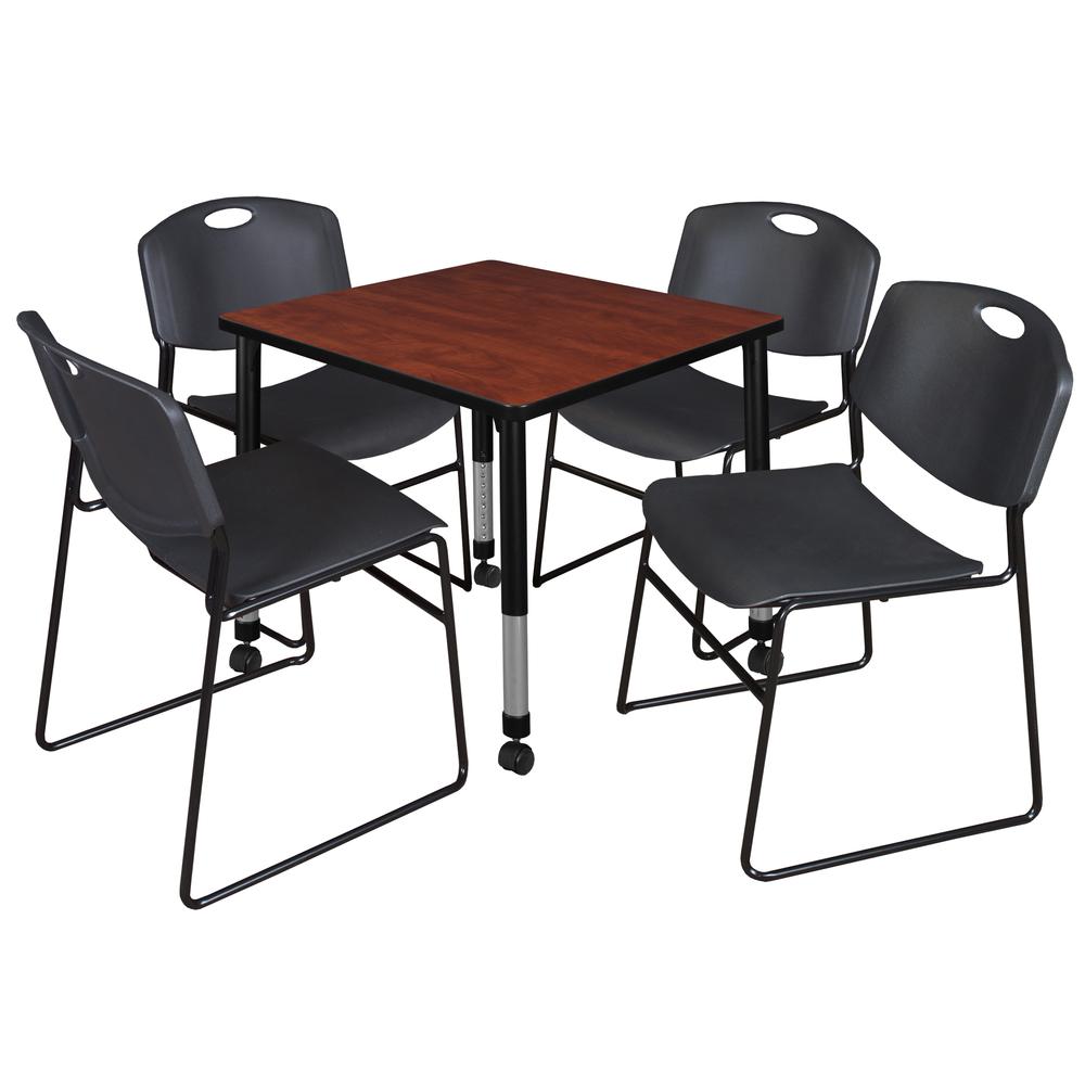 Kee 30" Square Height Adjustable  Mobile Classroom Table - Cherry & 4 Zeng Stack Chairs- Black. Picture 1