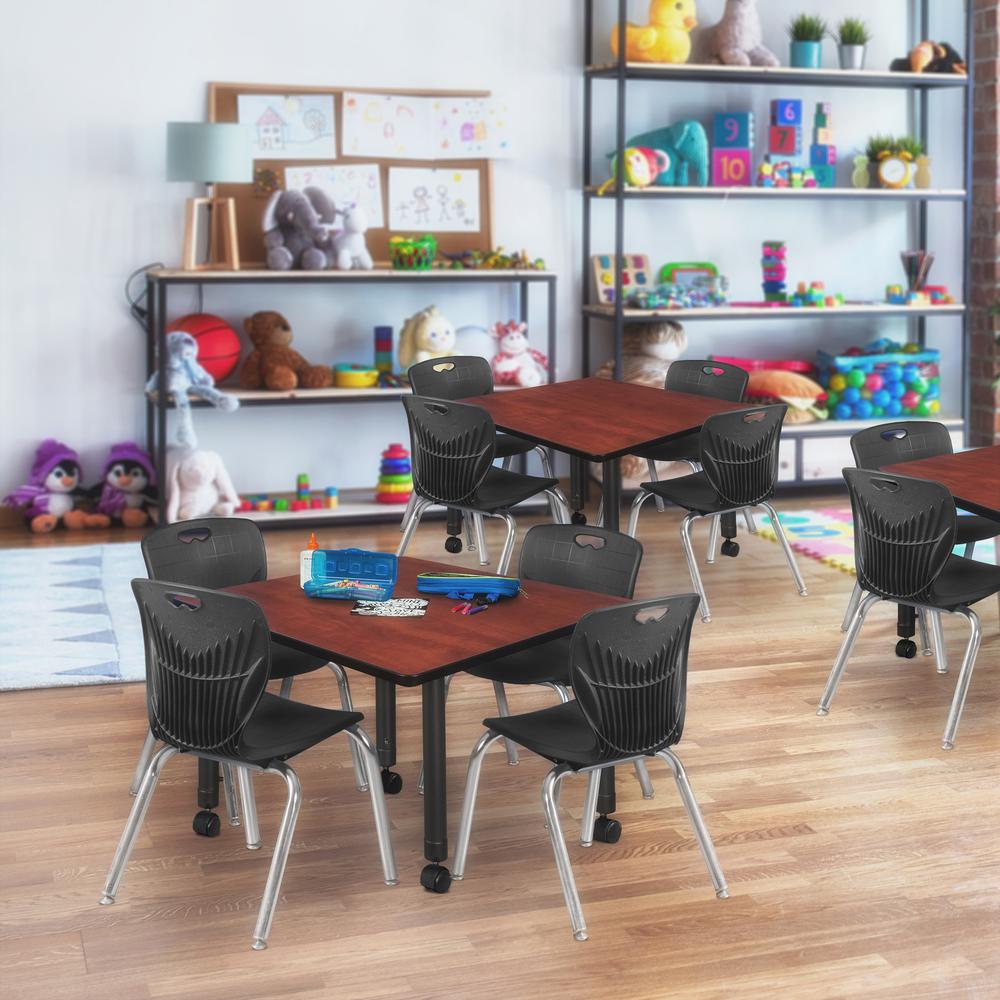 Kee 30" Square Height Adjustable  Mobile Classroom Table - Cherry & 4 Andy 12-in Stack Chairs- Black. Picture 7