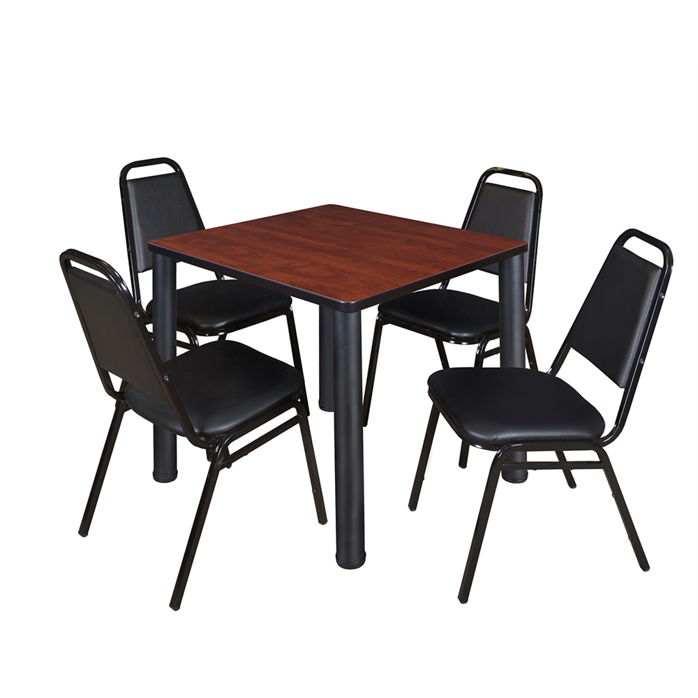 Kee 30" Square Breakroom Table- Cherry/ Black & 4 Restaurant Stack Chairs- Black. Picture 1