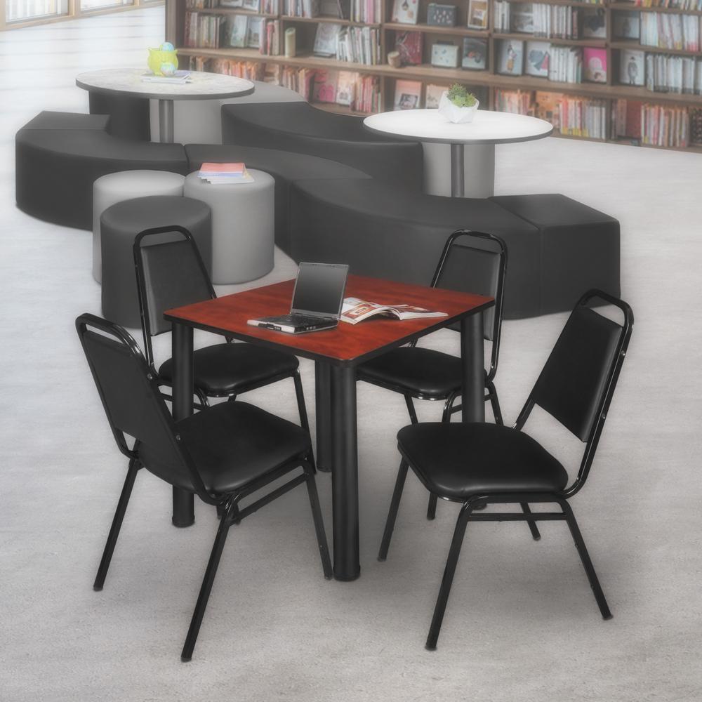 Kee 30" Square Breakroom Table- Cherry/ Black & 4 Restaurant Stack Chairs- Black. Picture 2