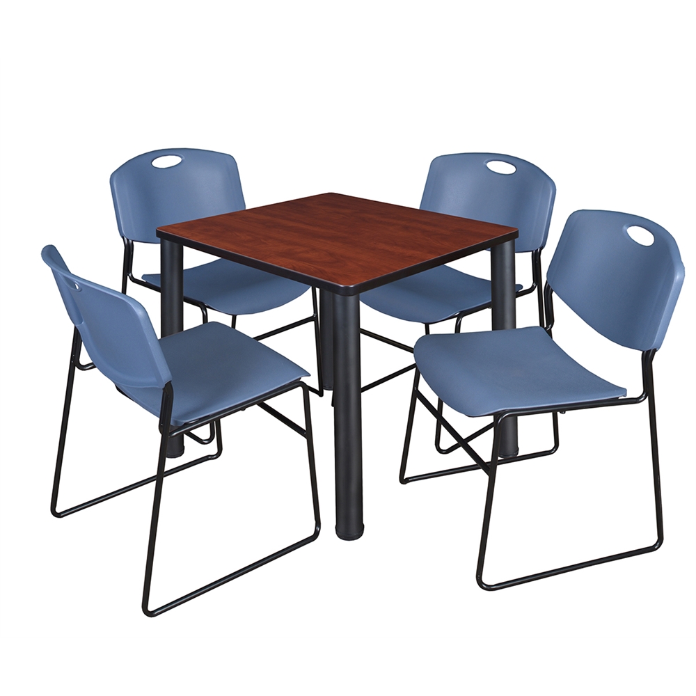 Kee 30" Square Breakroom Table- Cherry/ Black & 4 Zeng Stack Chairs- Blue. Picture 1
