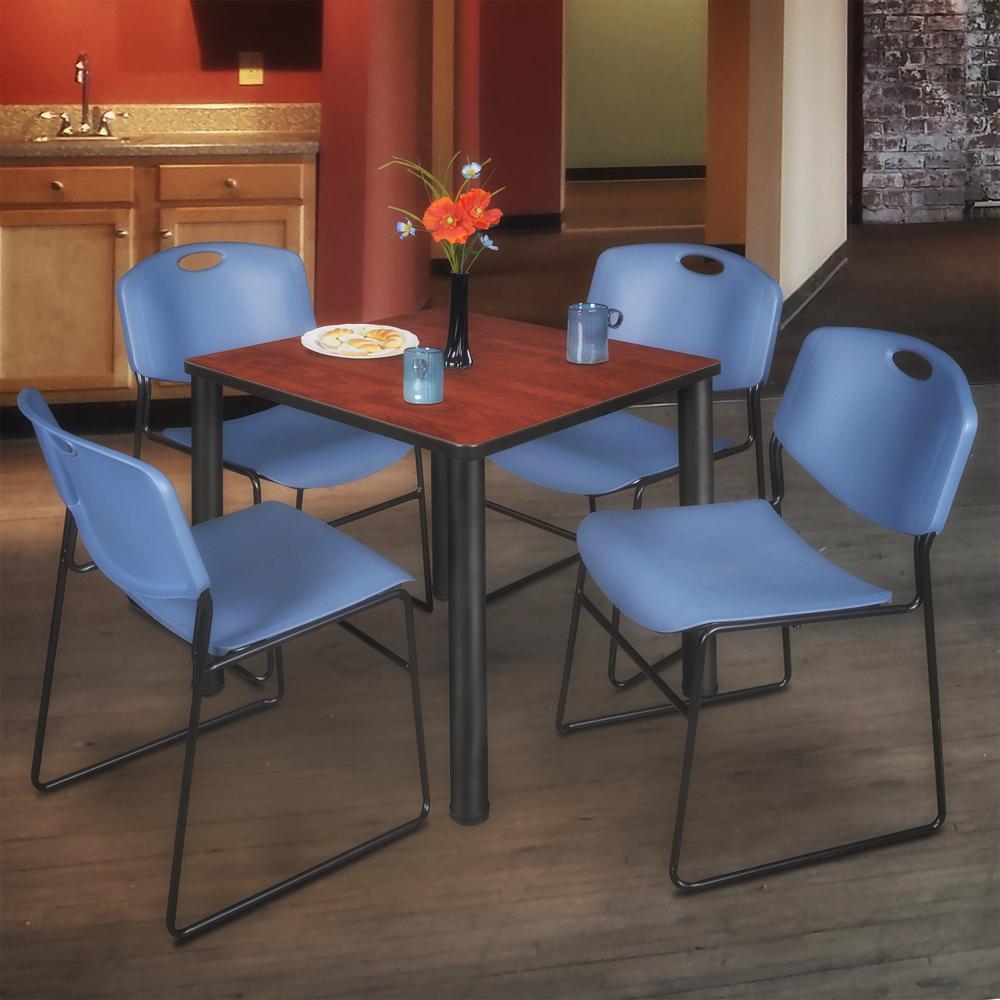 Kee 30" Square Breakroom Table- Cherry/ Black & 4 Zeng Stack Chairs- Blue. Picture 2