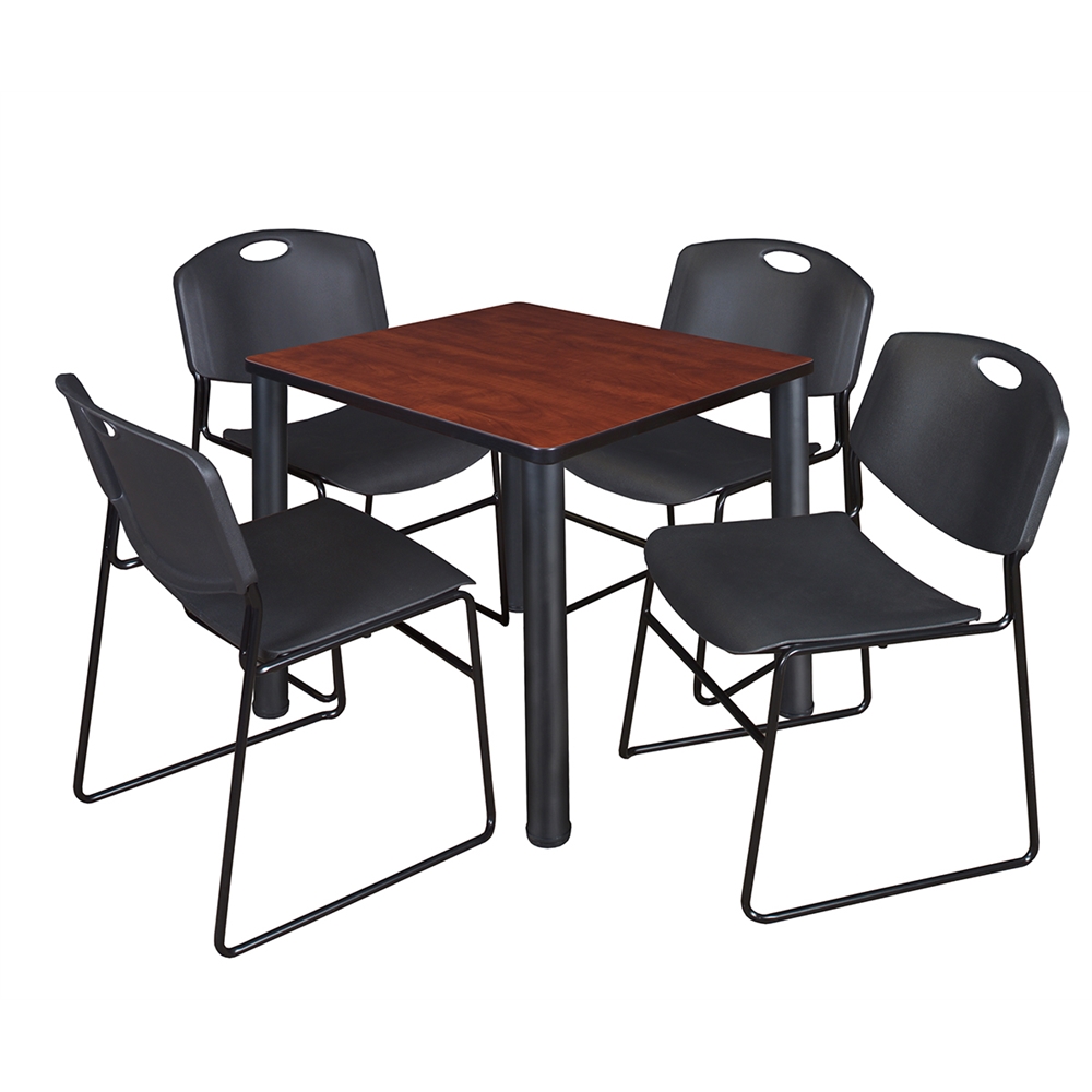 Kee 30" Square Breakroom Table- Cherry/ Black & 4 Zeng Stack Chairs- Black. Picture 1