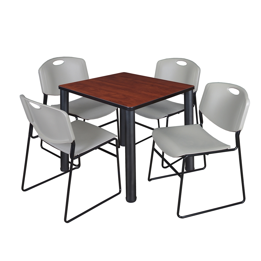Kee 30" Square Breakroom Table- Cherry/ Black & 4 Zeng Stack Chairs- Grey. Picture 1
