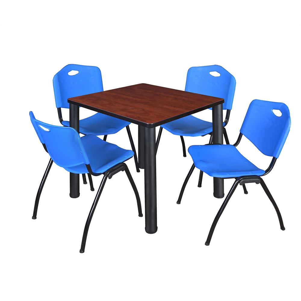 Kee 30" Square Breakroom Table- Cherry/ Black & 4 'M' Stack Chairs- Blue. Picture 1
