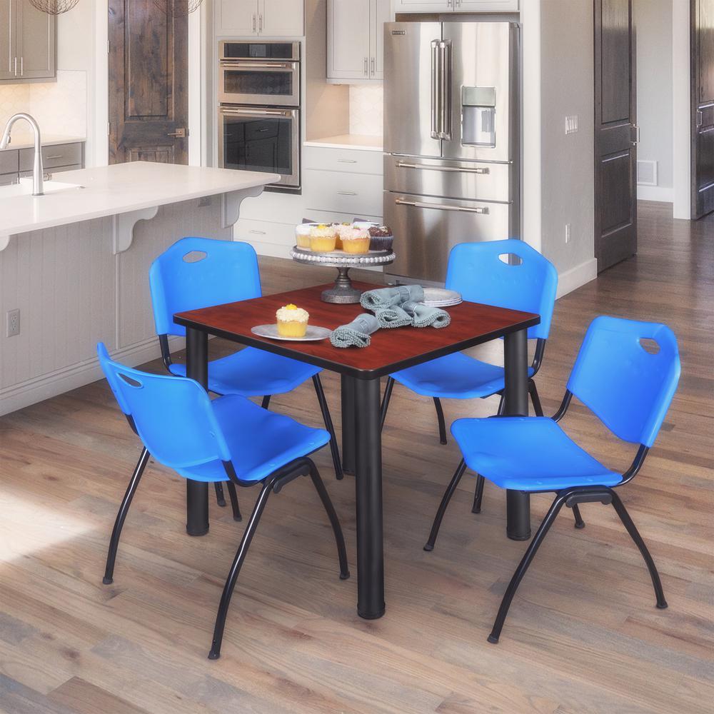Kee 30" Square Breakroom Table- Cherry/ Black & 4 'M' Stack Chairs- Blue. Picture 2
