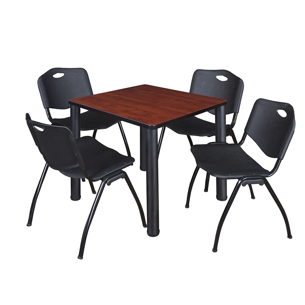 Kee 30" Square Breakroom Table- Cherry/ Black & 4 'M' Stack Chairs- Black. Picture 1