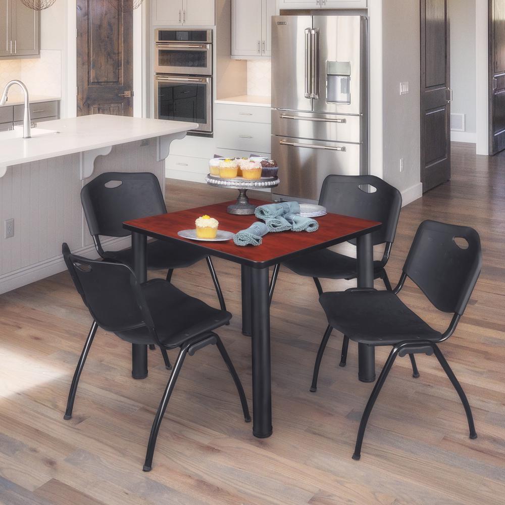 Kee 30" Square Breakroom Table- Cherry/ Black & 4 'M' Stack Chairs- Black. Picture 2