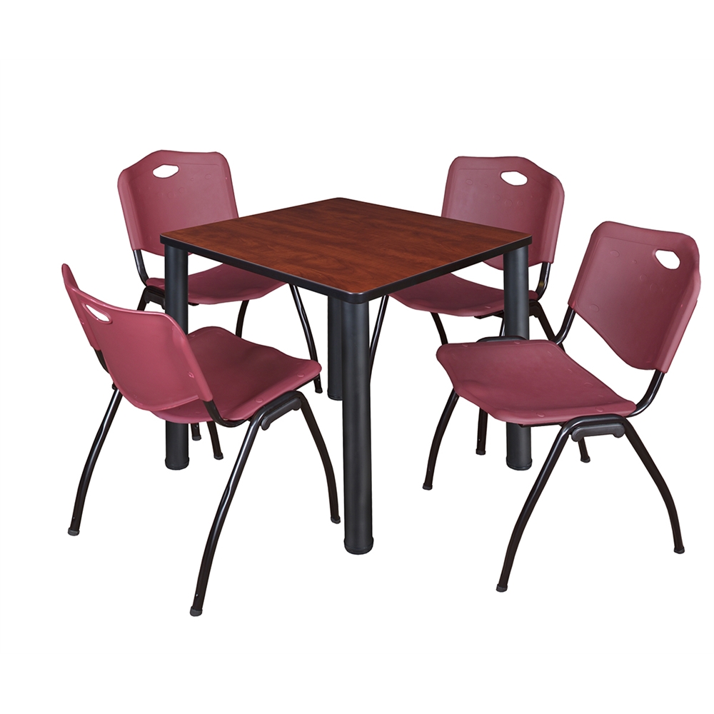 Kee 30" Square Breakroom Table- Cherry/ Black & 4 'M' Stack Chairs- Burgundy. Picture 1