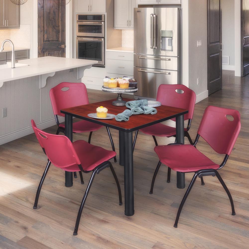 Kee 30" Square Breakroom Table- Cherry/ Black & 4 'M' Stack Chairs- Burgundy. Picture 2