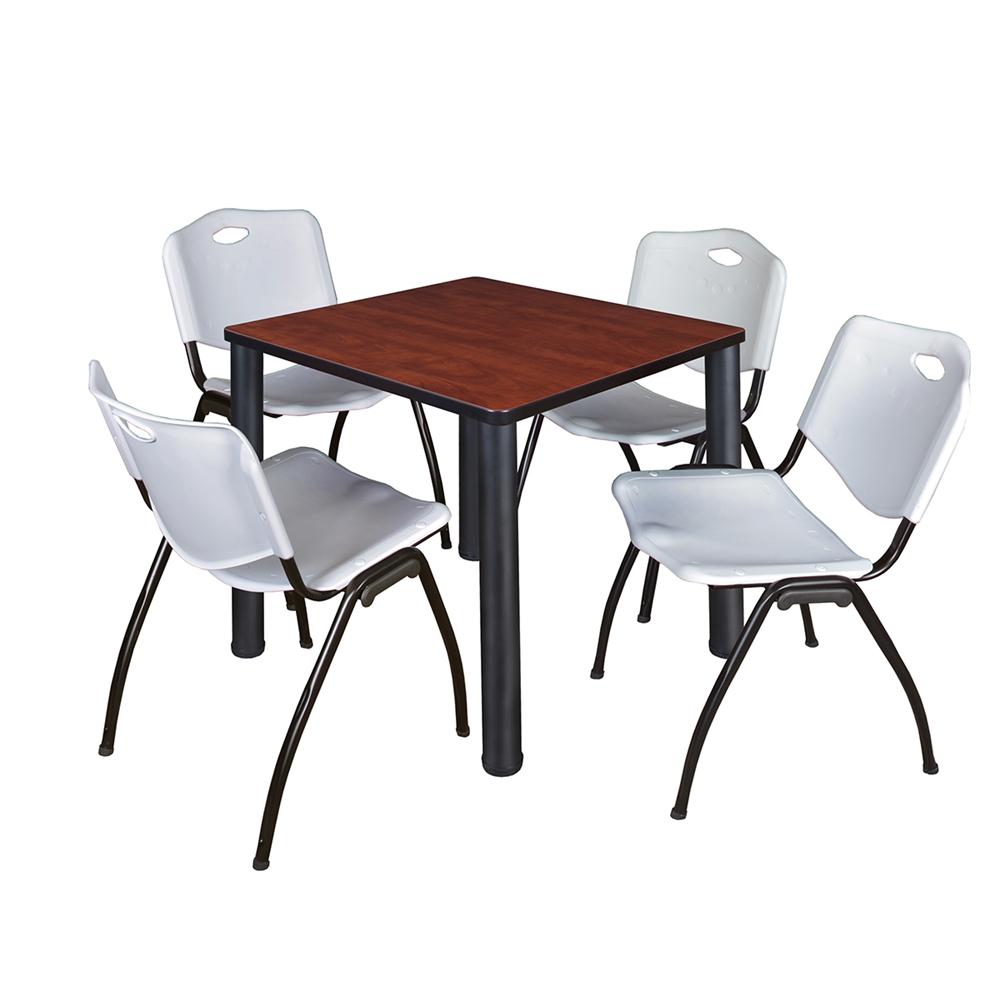 Kee 30" Square Breakroom Table- Cherry/ Black & 4 'M' Stack Chairs- Grey. Picture 1