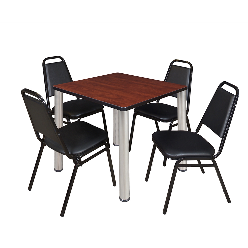 Kee 30" Square Breakroom Table- Cherry/ Chrome & 4 Restaurant Stack Chairs- Black. Picture 1