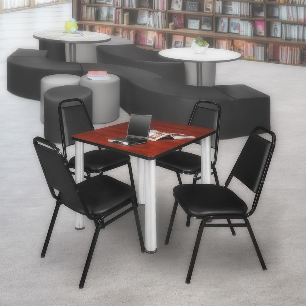 Kee 30" Square Breakroom Table- Cherry/ Chrome & 4 Restaurant Stack Chairs- Black. Picture 2