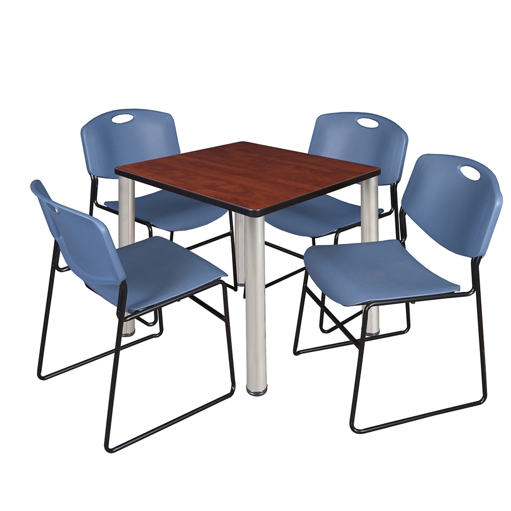 Kee 30" Square Breakroom Table- Cherry/ Chrome & 4 Zeng Stack Chairs- Blue. Picture 1