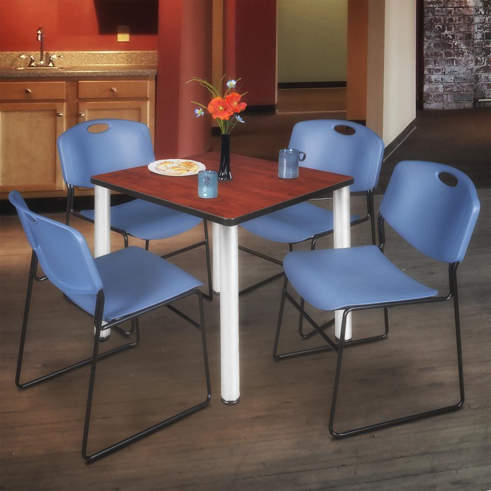 Kee 30" Square Breakroom Table- Cherry/ Chrome & 4 Zeng Stack Chairs- Blue. Picture 2