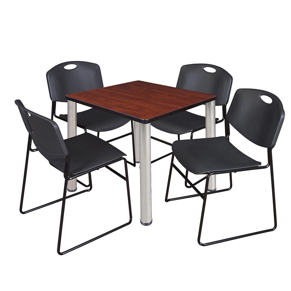 Kee 30" Square Breakroom Table- Cherry/ Chrome & 4 Zeng Stack Chairs- Black. Picture 1