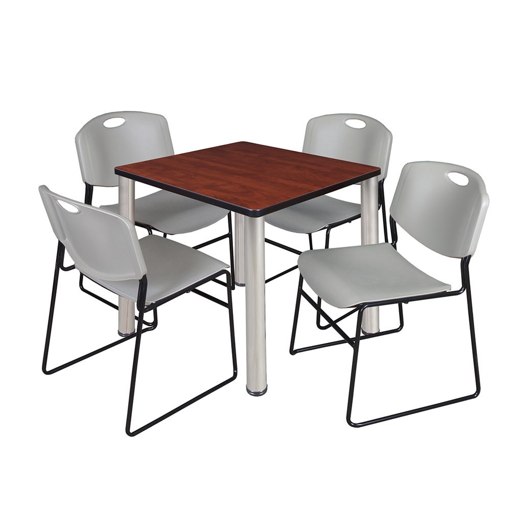 Kee 30" Square Breakroom Table- Cherry/ Chrome & 4 Zeng Stack Chairs- Grey. Picture 1