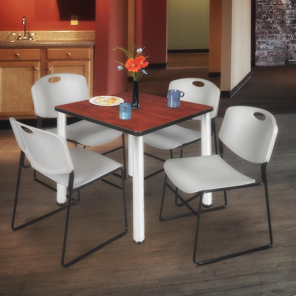 Kee 30" Square Breakroom Table- Cherry/ Chrome & 4 Zeng Stack Chairs- Grey. Picture 6