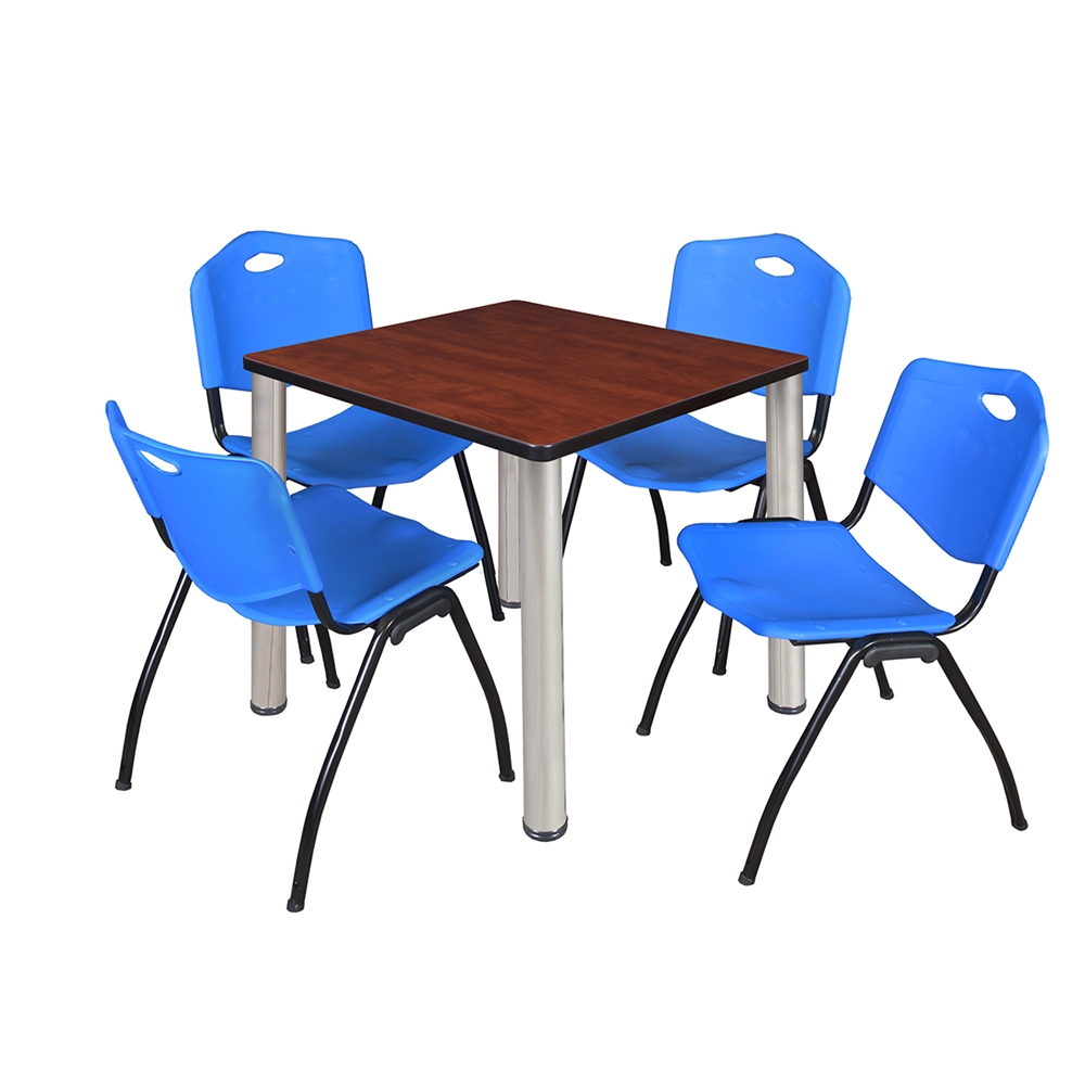 Kee 30" Square Breakroom Table- Cherry/ Chrome & 4 'M' Stack Chairs- Blue. Picture 1