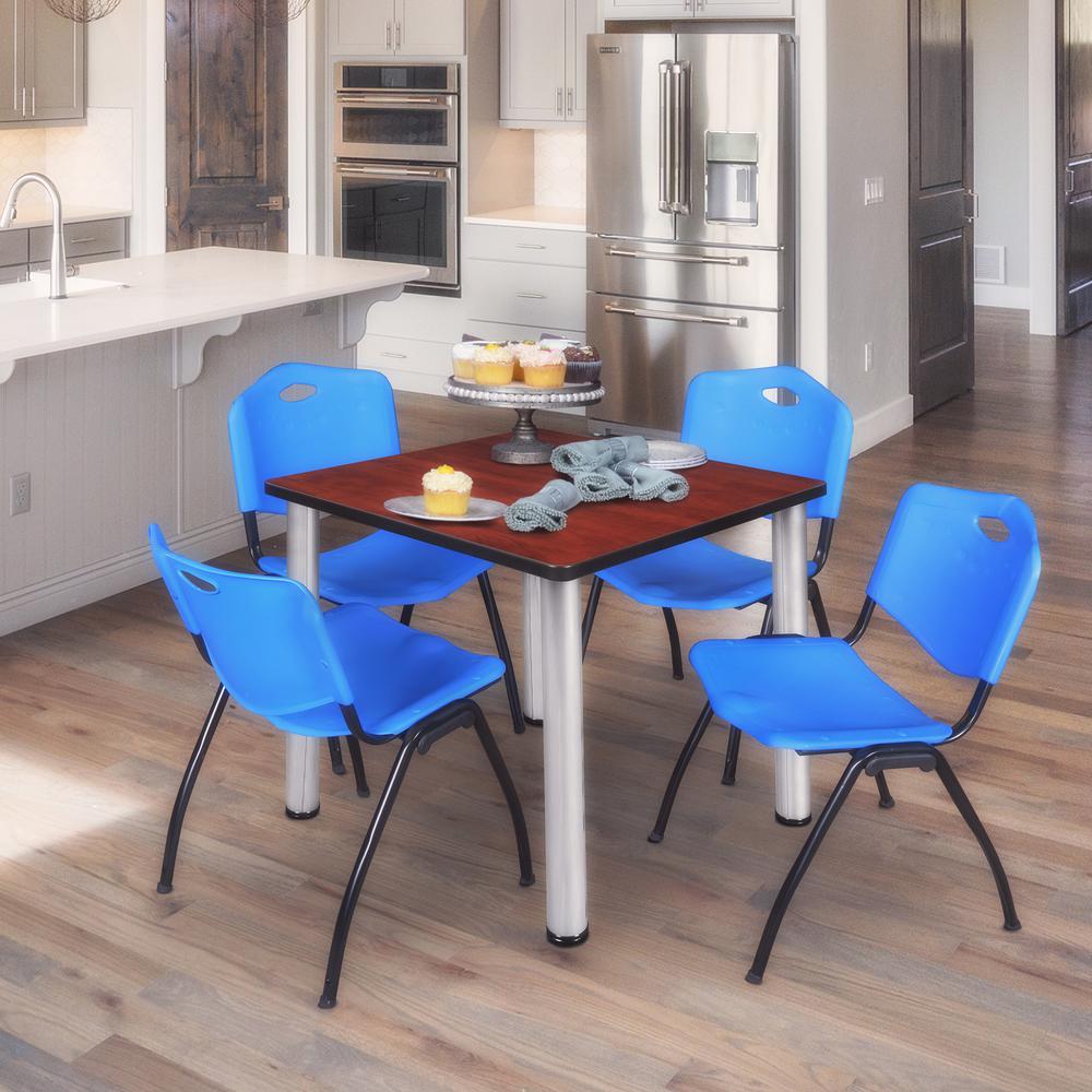 Kee 30" Square Breakroom Table- Cherry/ Chrome & 4 'M' Stack Chairs- Blue. Picture 2