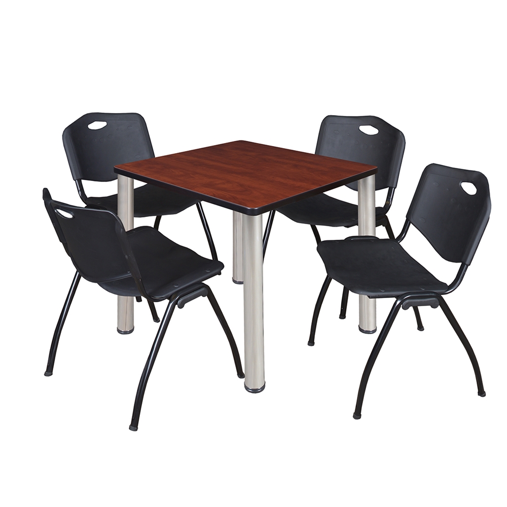Kee 30" Square Breakroom Table- Cherry/ Chrome & 4 'M' Stack Chairs- Black. Picture 1