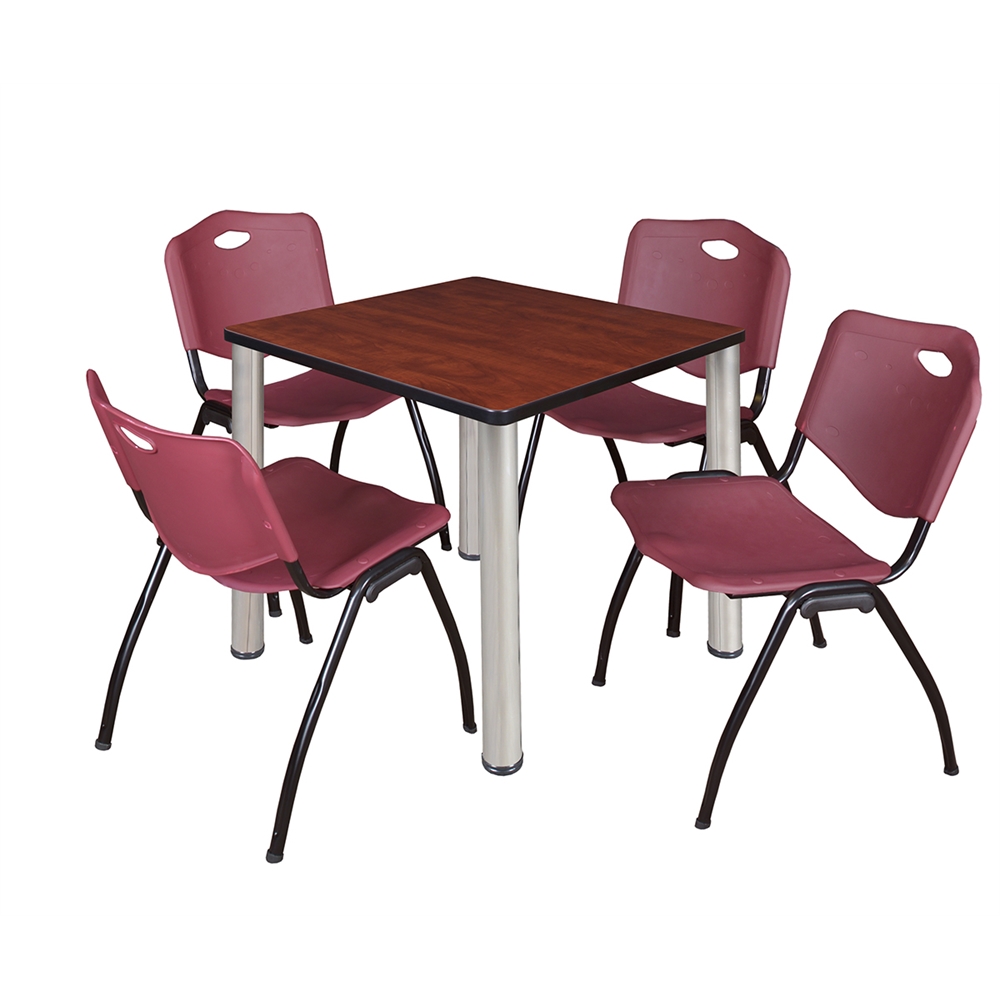 Kee 30" Square Breakroom Table- Cherry/ Chrome & 4 'M' Stack Chairs- Burgundy. Picture 1