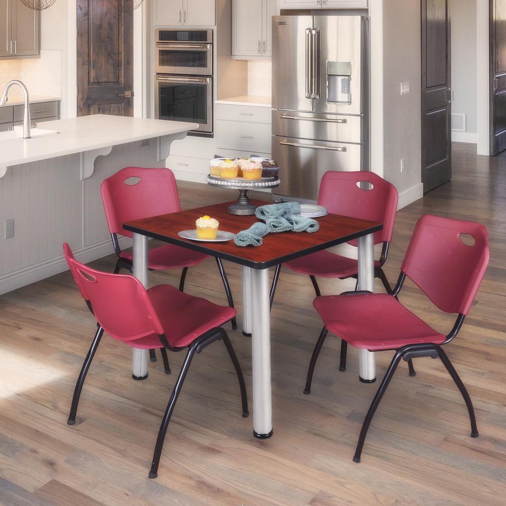 Kee 30" Square Breakroom Table- Cherry/ Chrome & 4 'M' Stack Chairs- Burgundy. Picture 2