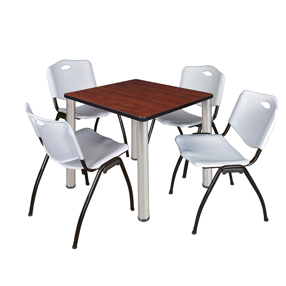 Kee 30" Square Breakroom Table- Cherry/ Chrome & 4 'M' Stack Chairs- Grey. Picture 1