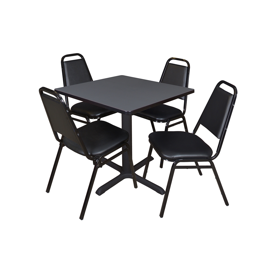 Cain 30" Square Breakroom Table- Grey & 4 Restaurant Stack Chairs- Black. Picture 1