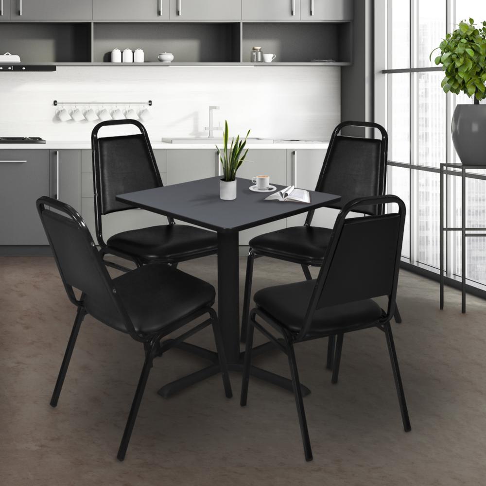 Cain 30" Square Breakroom Table- Grey & 4 Restaurant Stack Chairs- Black. Picture 2