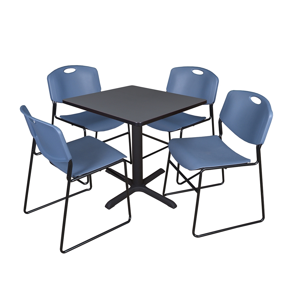 Cain 30" Square Breakroom Table- Grey & 4 Zeng Stack Chairs- Blue. Picture 1